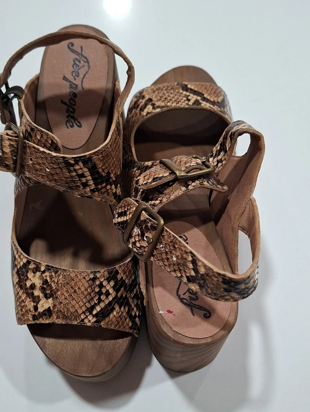 Free People Tan Brown Snake-Print Platform Sandals